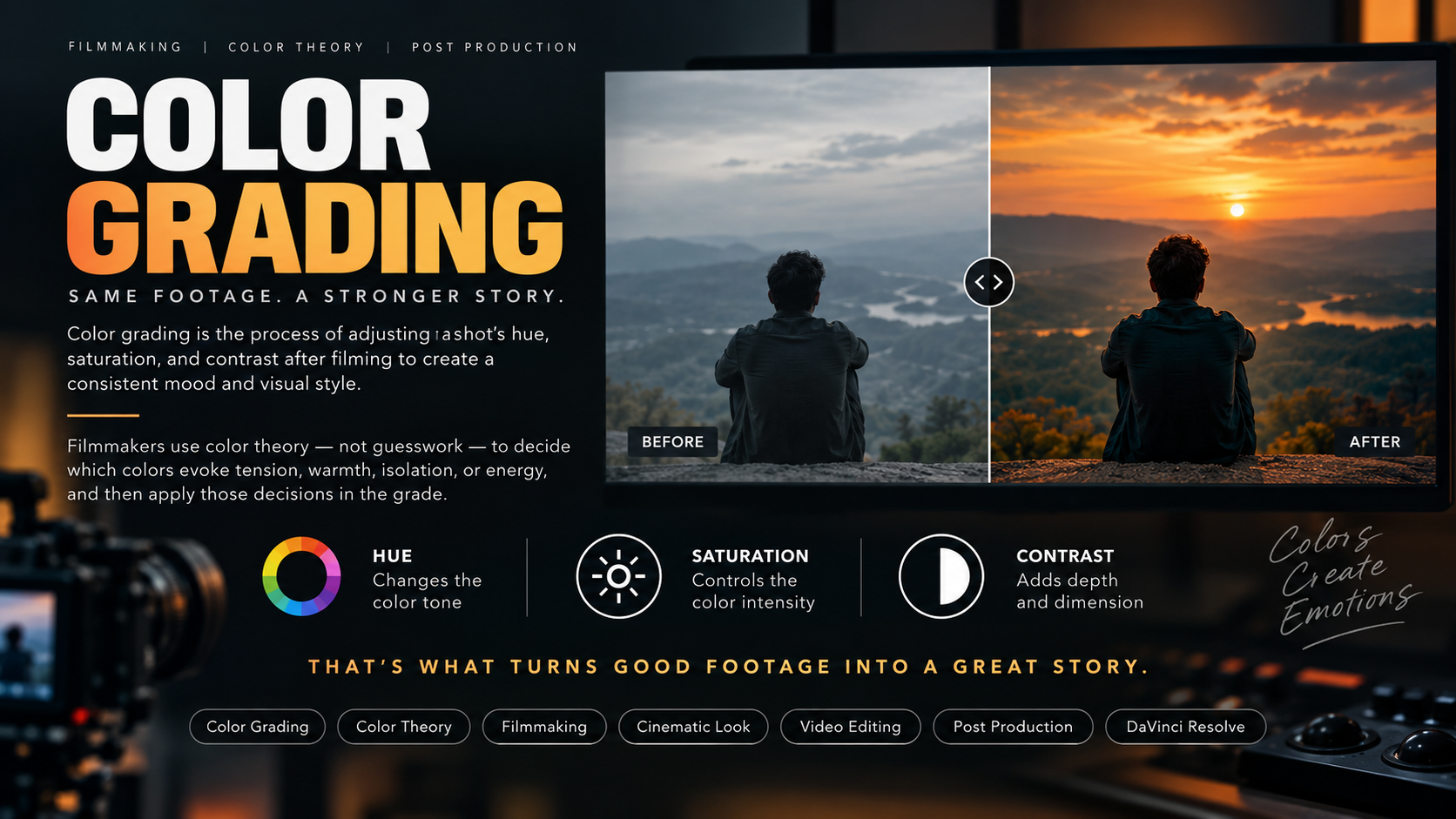 Color Theory for Filmmakers: How Hue, Saturation, and Contrast Shape Mood (and How Color Grading Brings It to Life)